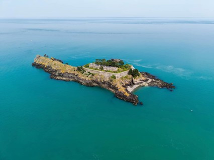 Aerial view of the historic Île des Rimains fortress island with the Fort des Rimains in the