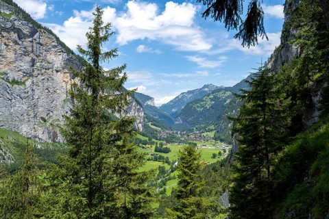 View of the picturesque valley of Lauterbrunnen, mountain landscape, Bernese Alps, Bernese