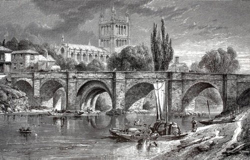 Hereford Cathedral and Wye Bridge across the River Wye in Herefordshire, England, 1870,