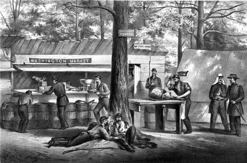 Lithographic print from 1861 with the title Commissary Department. Encampment of the Mass. 6th