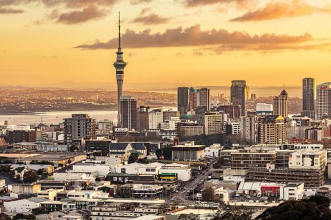 View of Auckland's Sky Tower and CBD skyscrapers bathed in golden sunrise light, Auckland, New