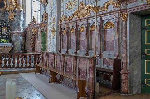 Choir stalls in the court church of Our Lady, the church is a late Renaissance building, built 1607