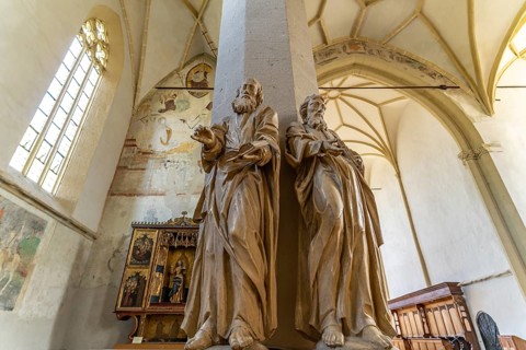 Statues in the interior of the Sighi?oara mountain church in Sighisoara or Sighi?oara,