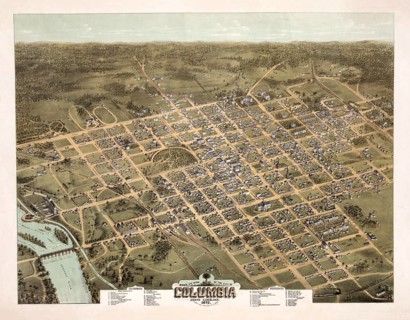 Historic bird's-eye view of the city of Columbia, the capital of South Carolina, from 1872,