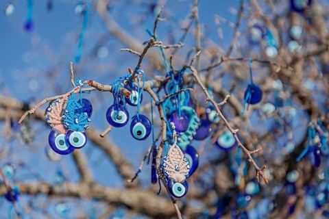 Branches with Nazar amulets (Evil Eye), Nazar Boncugu, Turkey