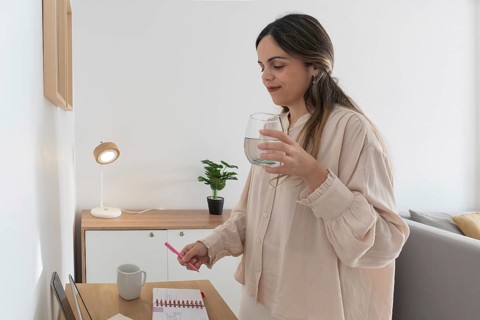 Woman standing at desk drinking a glass of water while holding pink pen over open notebook, taking