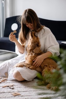 Playful interaction between a woman in a white dress and a dog with a puzzle piece