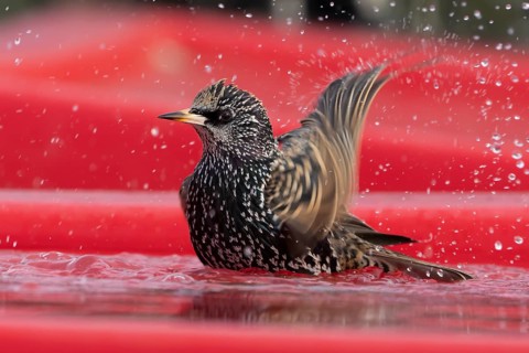 Common starling (Sturnus vulgaris) adult bird bathing in water on a plastic tub lid, England,
