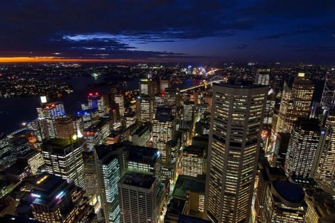 View of Sydney at blue hour seen from Sydney Tower, lights, night view, Australia