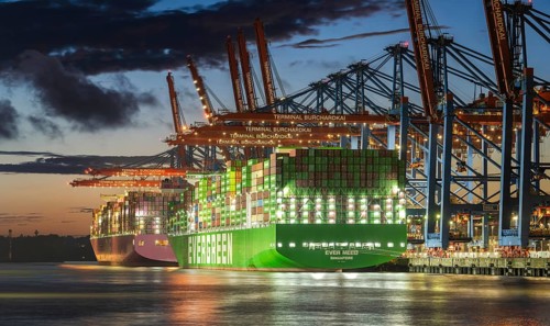 Aerial view at Waltershof harbour during the Blue Hour at Container Terminal Burchardkai (CTB) with