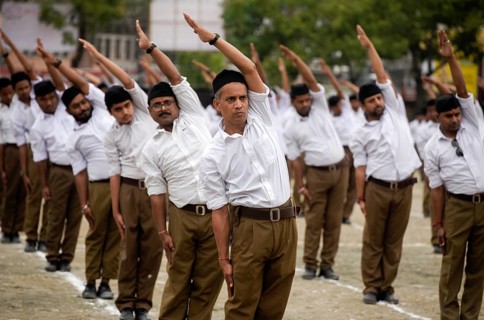 Rashtriya Swayamsevak Sangh (RSS) volunteers participate in an annual event, in Guwahati, Assam,