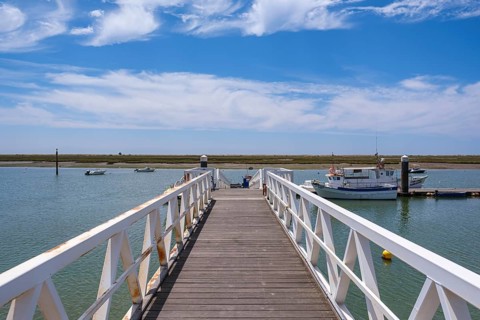 A wooden walkway over calm water with boats and sunny sky in the background, Santa Luzia, Tavira,