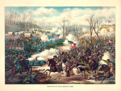 A colour lithograph entitled *Battle of Pea Ridge, Ark.*, published in 1889 by the well-known