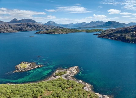 Panoramic aerial photo of the highland landscape at Loch Shieldaig, western Scotland, UK