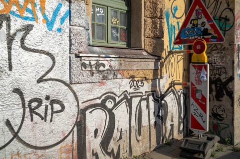 Traffic sign, traffic sign, construction site, graffiti, vandalism, Muffathalle, Muffatwerk,
