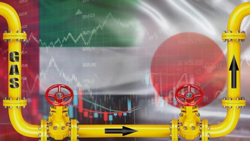 Gas exports from the United Arab Emirates to Japan on financial chart background. Emirati gas