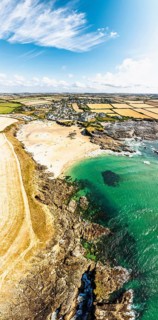 Panorama View of Trevone Beach and Trevone Bay from a drone, Trevone, Padstow, Cornwall, England,
