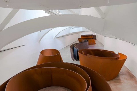 Matter of time installation and modern architecture at the Guggenheim Museum in Bilbao, Spain