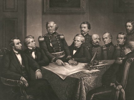 President Abraham Lincoln and his cabinet during the American Civil War. The scene depicts Abraham