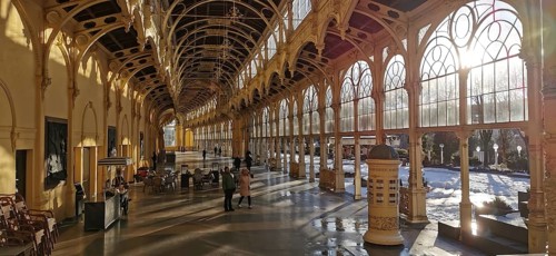 Elegant historic arcades with presentable lighting and retro atmosphere in the sunshine, Maxim