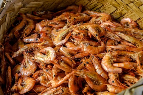 Straw basket with shrimp for sale at the Tulhas Market in the historic center of Sao Luis,