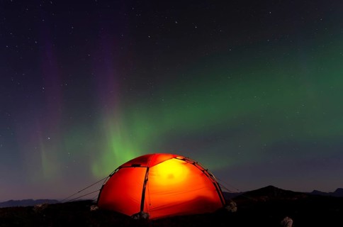 Tent in mountain landscape, Sarek National Park, Laponia World Heritage Site, Norrbotten, Lapland,