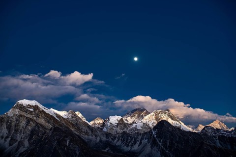 View from Renjo La Pass, 5360 m, of Mount Everest and Lhotse, evening light, Solu Khumbu,