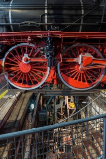 Detailed view of a steam locomotive over a repair pit in the former depot, German Steam Locomotive