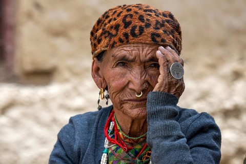 Portrait, elderly Nepalese woman, with jewelry, Hindu ethnic group, Simikot, Humla, Himalayas,