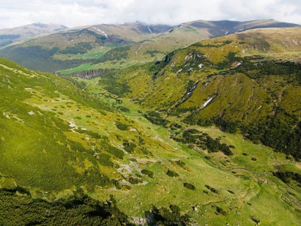 Panoramic view of a green valley with overgrown mountain slopes, aerial view, near Rânca,