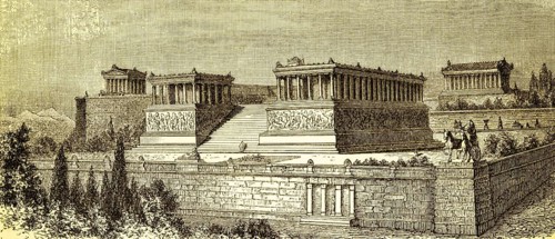 Reconstruction of the altar building, temple complex, stairs, wall, columns, group of buildings,
