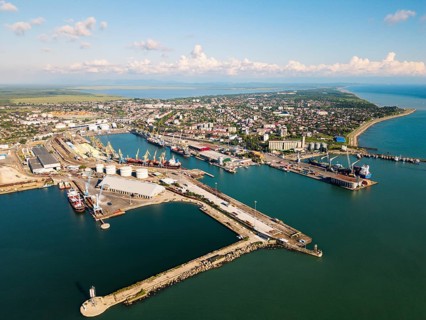 Aerial panorama Poti cityscape, black sea port, residential blocks, mixed uses, roads and parks,