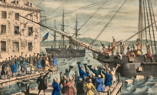 Boston Tea Party of December 16, 1773, citizens disguised as natives invaded Boston Harbor and