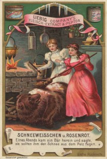 Fairy tale picture series, scene in which Schneeweißschen and Rosenrot sweep the snow out of a