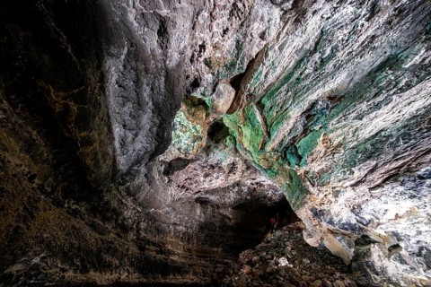 Underground cave formed by lava flow, illuminated lava cave, Cueva de los Verdes, Lanzarote, Canary
