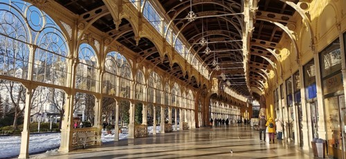 Historic arcades with artistic glass facades and elegant lighting, Marianske Lazne, Maxim Gorky