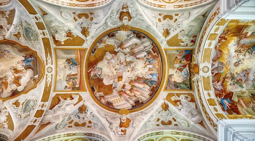 Interior view, ceiling, ceiling fresco, Protestant town church, Ellwangen (Jagst),