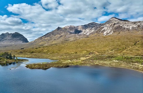 Panoramic aerial photo of Beinn Eighe National park and Loch clair in the in the scottish