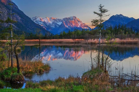 Moorgebiet Sieben Quellen with the Zugspitze Group 2962m at evening sun in spring, Eschenlohe,