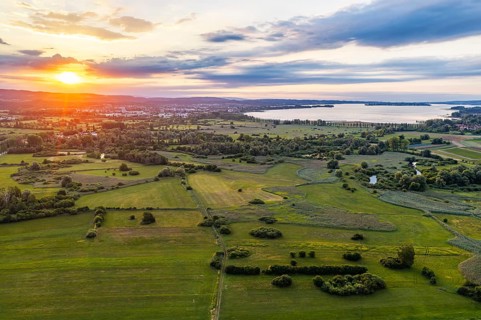 Morning atmosphere on Lake Constance. Sunrise in the Zeller Aachried nature reserve. aerial view.