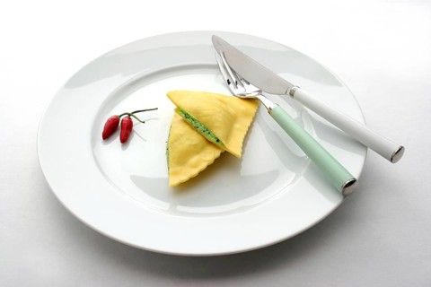 A white plate with two ravioli, dumplings, pasta, peppers, knife and fork, studio photo, Austria