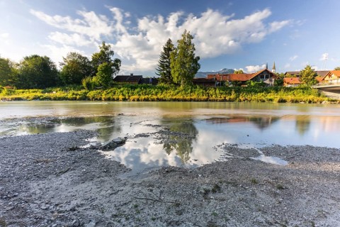 River, riverbed, trees, mountains, morning light, houses, church, mountains, sunny, low tide,