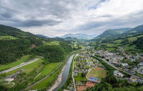 View from the castle of Werfen and the river Salzach, Hohenwerfen Fortress, Pongau, Salzburg state,