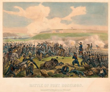 Engraving depicting the Battle of Fort Donelson (February 1862) during the American Civil War, in