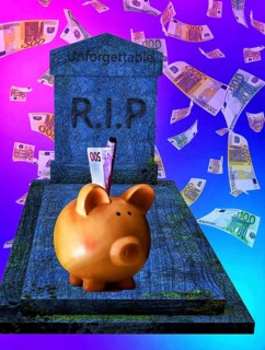 Symbolic picture, savings certificate with 500 euro note on tombstone with R.I.P, decline of