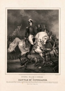 The historical print shows the future US President General William Henry Harrison on a mold during