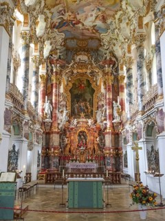 Large light-flooded oval central room of Wieskirchn Wieskirchn with magnificent ceiling fresco by