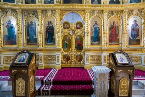 Detailed iconostasis with icons in an Orthodox church, Capriana monastery, Capriana, Stra?eni