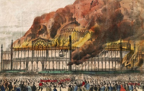 Fire at the New York Crystal Palace in present-day Bryant Park during the American Institute's