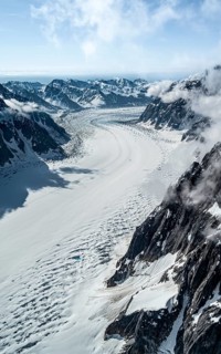 Ruth Glacier, epic mountains with large valley glacier, aerial view, Alaska Range, Denali National
